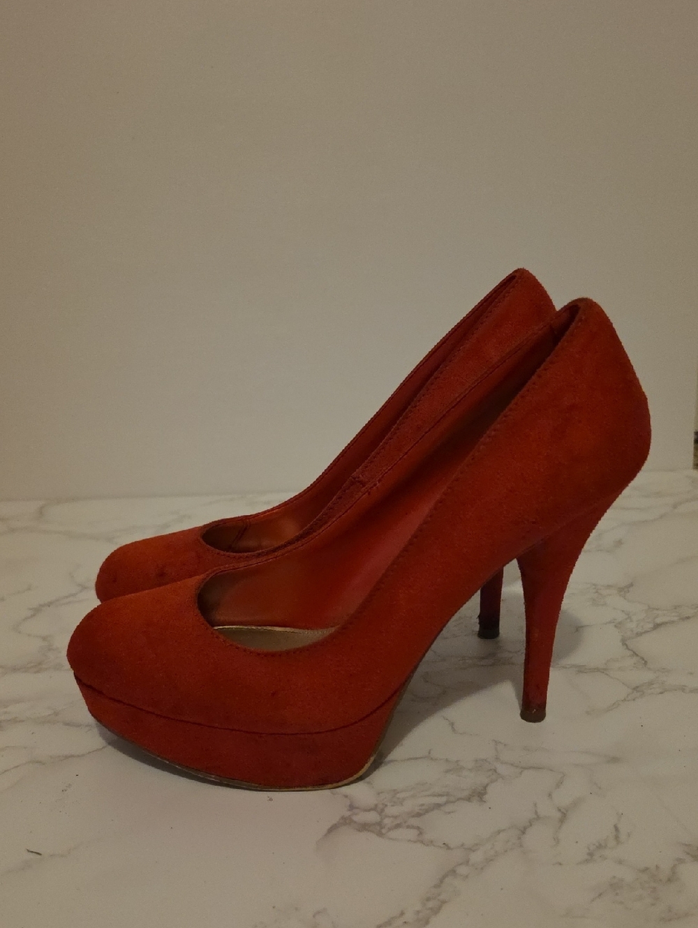 Brash Red Suede Platform Pumps